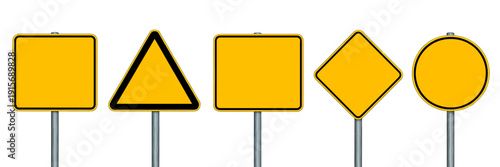 Yellow road signs on metal poles in various shapes isolated on transparent background