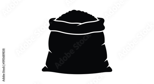 A simple black silhouette depicts a full sack or bag possibly containing grain or other granular material