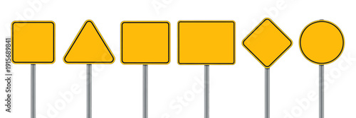 Set of yellow road signs on metal poles for traffic guidance and direction  isolated on transparent background