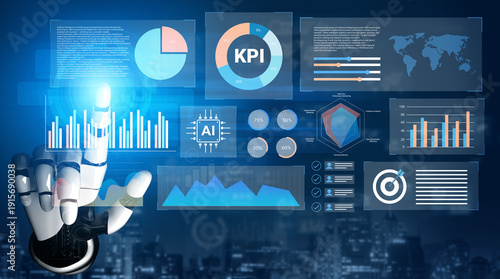 Wallpaper Mural A futuristic robot hand interacts with a digital user interface filled with various data analytics, charts, KPIs, and visual representations showcasing modern technology. Gantry Torontodigital.ca