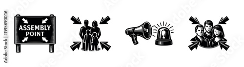 Emergency assembly flat vector icons set: alert symbols and safety meeting signals