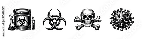 Biohazard flat vector icons set: skull, virus, chemical symbols collection