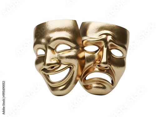Comedy and tragedy theater masks golden isolated on transparent background art