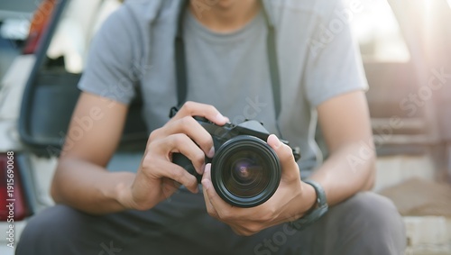 Man holding a professional camera and lens, sitting outside a vehicle with the trunk open, bathed in warm sunlight.