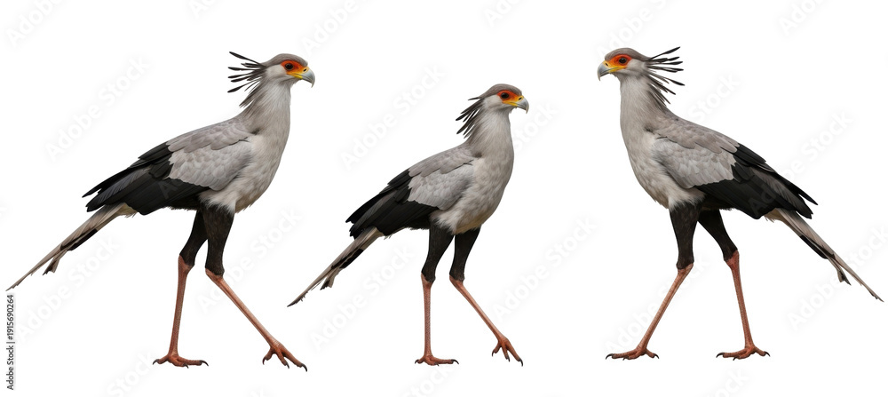 Fototapeta premium Three secretary birds walking on a white background, showing their distinctive appearance.