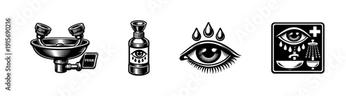 Eye safety flat vector icons set. emergency wash sign, protection symbols for workplace safety