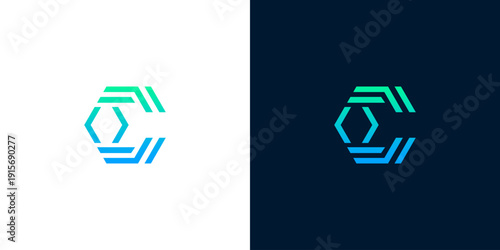 Abstract hexagon logo design with gradient color on white and dark background for technology company