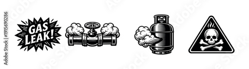 Gas safety flat vector icons set. skull hazard and leak alert symbols collection
