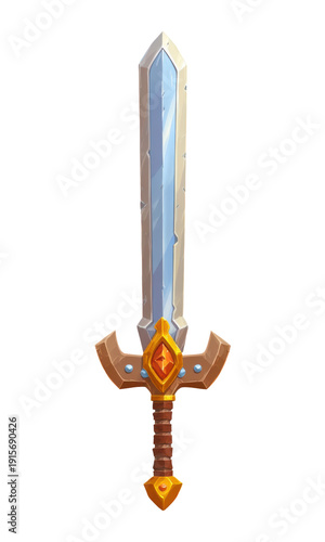 A detailed illustration of a cartoon-style sword with a brown handle and a silver blade.