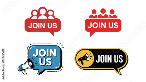 Four speech bubble with join us text on white background