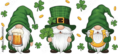 St. Patrick's Day Gnomes Clipart Cute Leprechaun Gnomes with Beer, Clover, Horseshoe, and Gold Coins in Green Outfits Isolated on White Background
