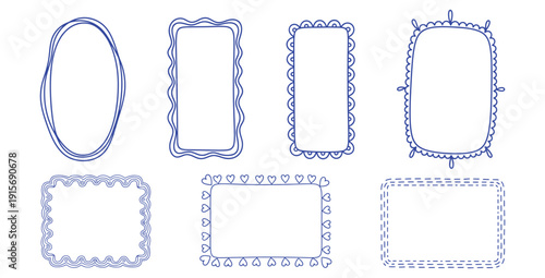 Collection of six unique hand drawn decorative blue line art frames featuring assorted whimsical shapes for labels or title accents