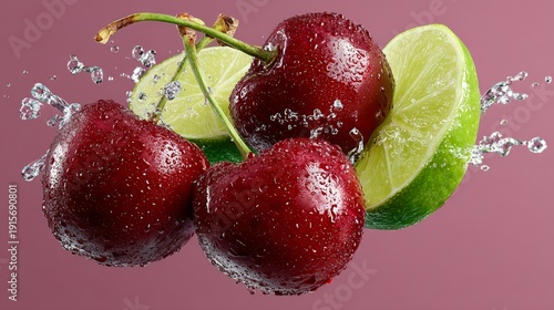 A close up of a bunch of cherries and limes with water droplets on them. The cherries and limes are fresh and juicy, and the water droplets add a sense of motion and liveliness to the image