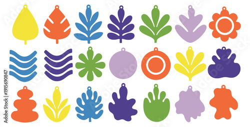 Collection of diverse brightly colored abstract organic shapes designed as printable earring blanks for crafting custom dangle jewelry pieces