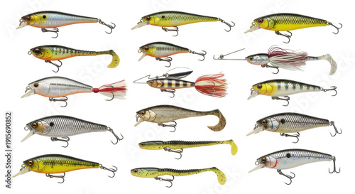 Collection of various fishing lures, showcasing diverse designs and colors for attracting fish.