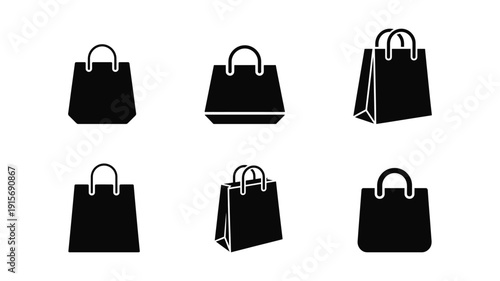 Six black shopping bag in different perspectives bags