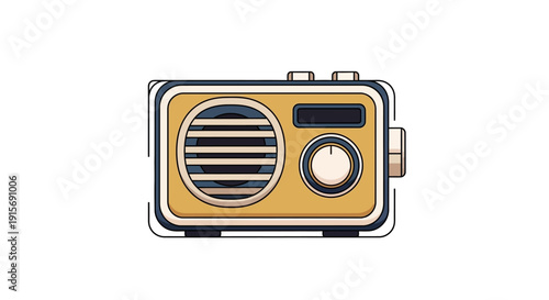 A vintage radio illustration with a black and yellow design on a white background, symbolizing access to social welfare through communication.