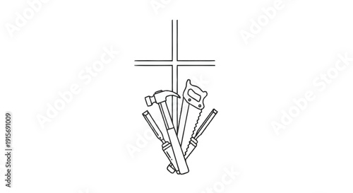 Black and white line of tools hanging on cross shaped nail line black and white hammer