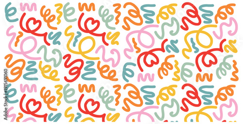 Vibrant seamless pattern featuring colorful abstract squiggles and playful looping lines creating a joyful background design perfect for wrapping paper or textile printing