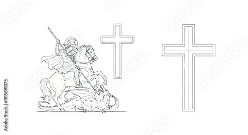 Saint George on horseback slaying dragon with two crosses medieval