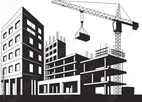 Construction site vector illustration with tower crane lifting cargo near modern building under development and engineering