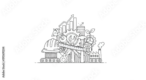 Industrial tools and machinery with factory and growth symbols
