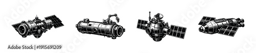 Spacecraft flat vector icons set: satellite, space station, rocket illustrations