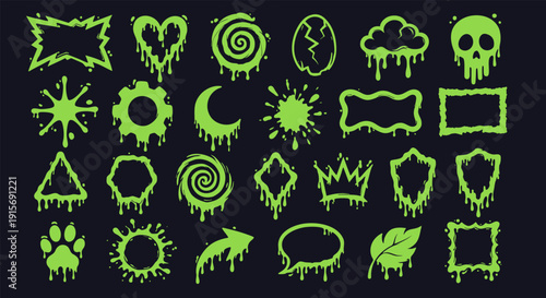Green Slime Dripping Frames and Horror Cartoon Elements Set, Goo Splash Shapes Vector Collection