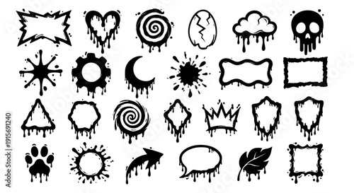 Black Dripping Slime Frames and Elements Set Isolated on White Background, Cartoon Goo Shapes Collection