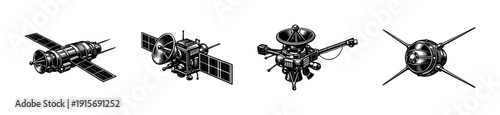 Flat vector icons set: spacecraft, satellites, and probes collection for design