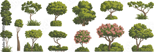 Green Garden Trees and Ornamental Shrubs Collection, Detailed Landscape Plant Elements for Park and Backyard Design, Decorative Botanical Illustration Set