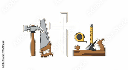 Cartoon tools and cross hammer tape measure plane