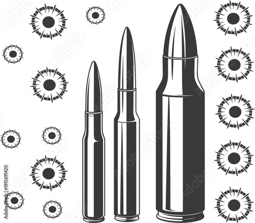 Ammunition set with rifle bullets and bullet hole silhouettes for military combat defense and tactical design