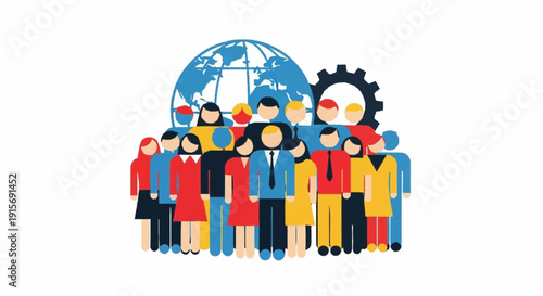 Diverse group of people standing in front of globe and gear