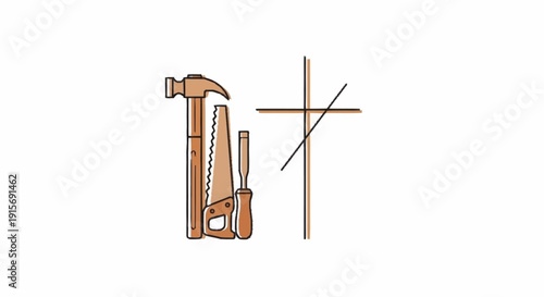 Copper colored hammer hand saw chisel and woodworking tools