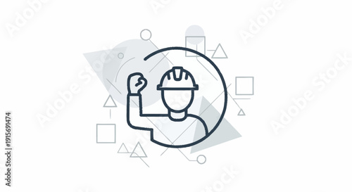 Black line of a construction worker flexing with geometric shapes line flexing hard hat