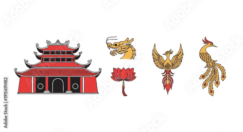Asian temple dragon phoenix lotus flower dragon head phoenix bird red and gold Chinese architecture
