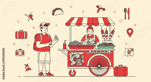 Diverse Travelers Encountering Unique Street Food Carts And Local Delicacies