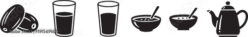 Ramadan icons with dates, water, soup, and tea pot representing traditional iftar and suhoor meals