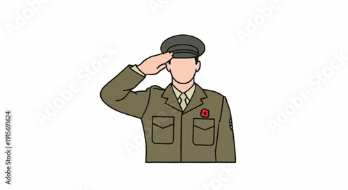 Cartoon soldier saluting with poppy on uniform military
