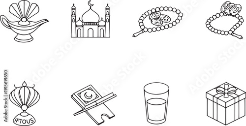 Ramadan line icons set with oil lamp, mosque, prayer beads, lantern, holy book, glass of water, and gift box