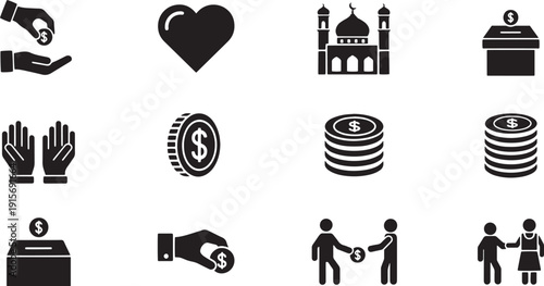 Ramadan and zakat icons set with hands, heart, mosque, donation box, coins, and people representing charity
