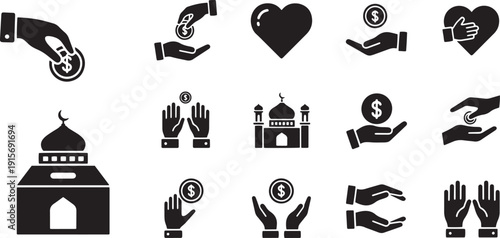 Zakat and charity icons set featuring hands giving money coins to mosque and heart symbols for islamic donation concept