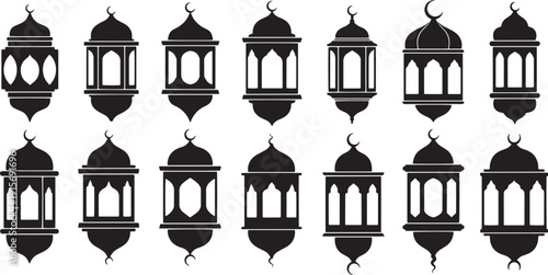 Ramadan lantern set with various traditional arabic fanous designs featuring crescent moon symbols and intricate windows