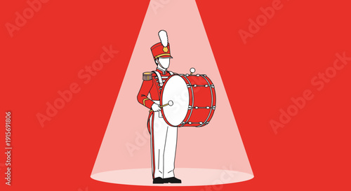 Dramatic Depiction of A Drummer Illuminated Against A Vivid Crimson Backdrop