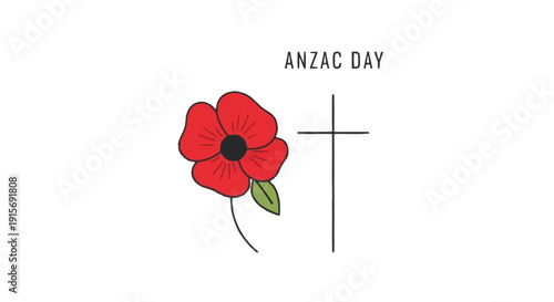 Red poppy flower with green leaf next to cross on white background with Anzac Day text