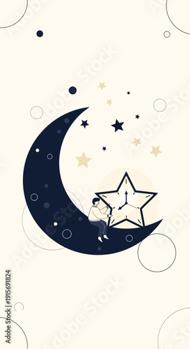 Dreamy Celestial Scene With A Person Sitting On A Crescent Moon Watching Stars