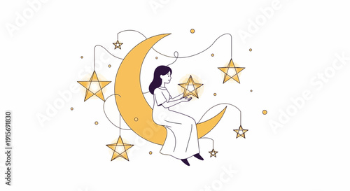 Dreamy Celestial Scene With Woman Sitting On Moon Holding Star