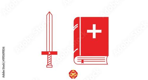 Red sword and book with white cross on cover red color symbol