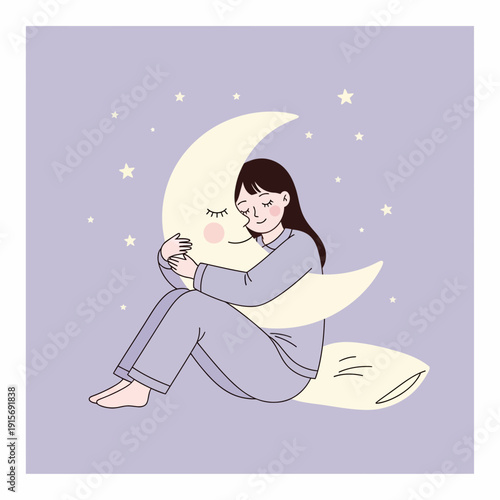 Dreamy Embrace: A Serene Illustration of a Woman Cuddling the Smiling Moon at Night
